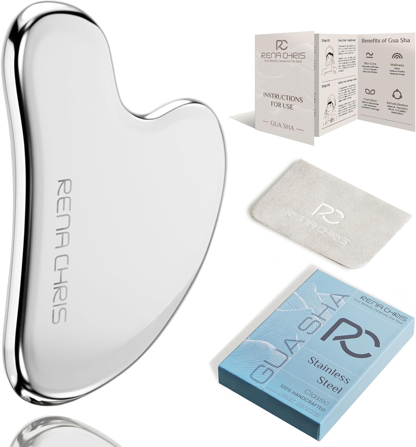 Gua Sha Facial Tools, Stainless Steel Gua Sha Stone, Face Guasha Tool for Jawline Sculpting and Puffiness Reducing, Guasha Massage Tool, Skin Care Gift - Silver